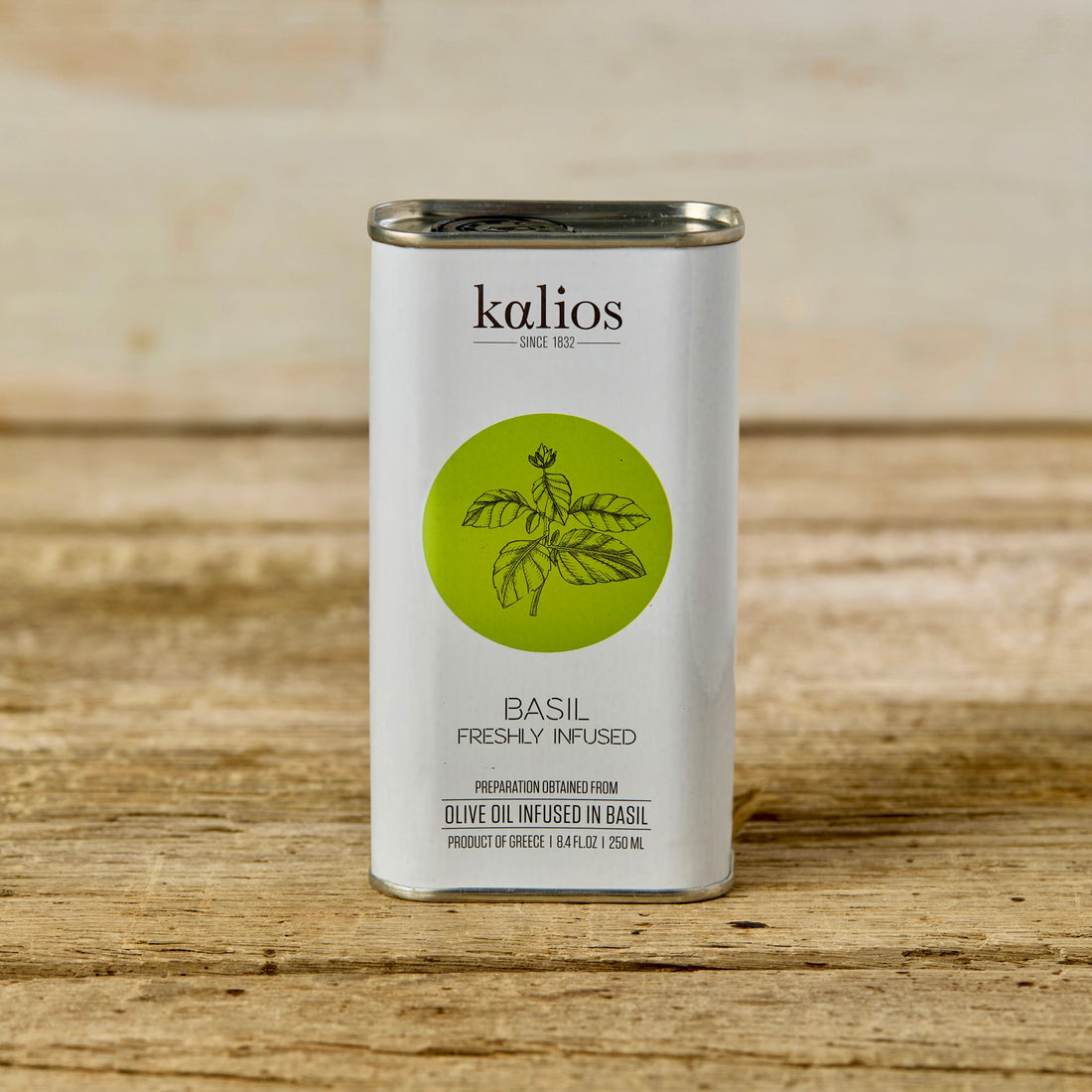 basil infused olive oil tin front view