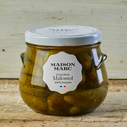 jar of malossol cornichons by maison marc